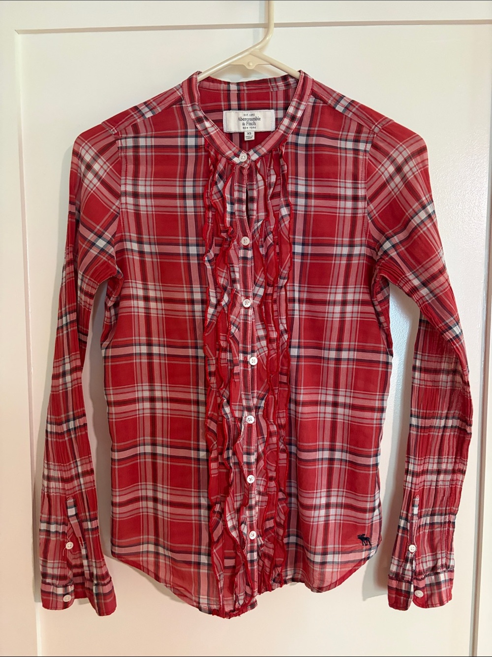 Abercrombie & Fitch Red Plaid Ruffle-Trim Button-Down Shirt